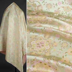 冰淇淋浅绿底粉黄宝相花织锦缎提花面料 新中式 汉服外套半裙布料