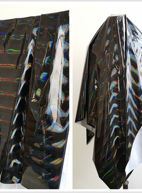 黑色镭射亮皮针织高弹力PU仿皮料 彩虹幻彩黑色镜面皮革布料面料