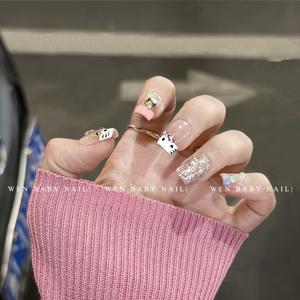 【温Baby】一整个心动~喵喵美甲彩色闪钻法式手绘猫咪手工穿戴甲