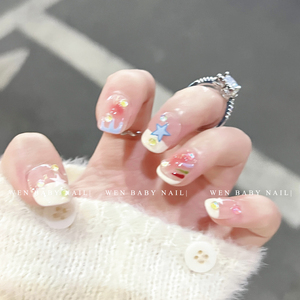 【温Baby】星星梦境~涂鸦可爱美甲腮红彩珠甜美短款手工穿戴甲片