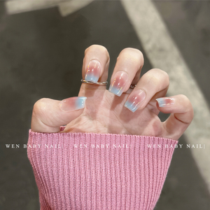 【温Baby】薄荷蜜桃~氧气清透美甲法式晕染蓝绿腮红手工穿戴甲片