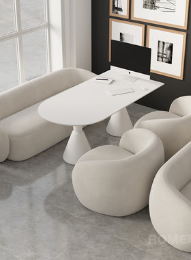 影楼选片休息区接待弧形沙发奶油婚纱洽谈美容院桌子选片组合套装