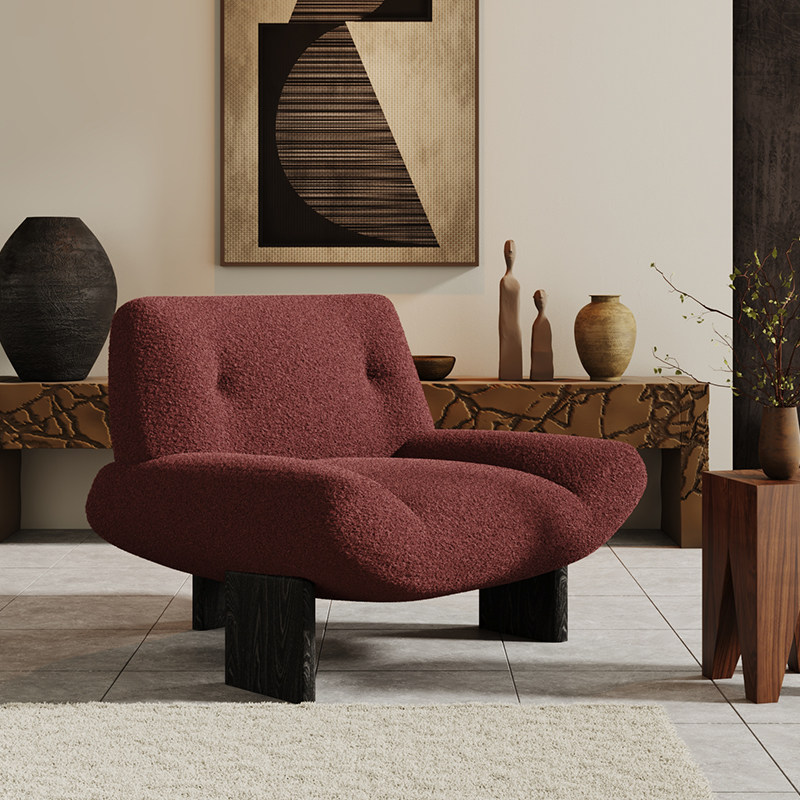 复古单人沙发椅侘寂风实木休闲椅酒店客厅会所接待椅设计师洽谈椅,住宅家具,布艺沙发,淘宝优惠券,粉丝福利购,淘宝优惠卷