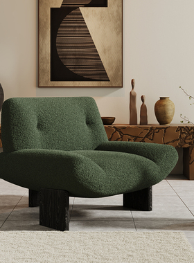 复古单人沙发椅侘寂风实木休闲椅酒店客厅会所接待椅设计师洽谈椅