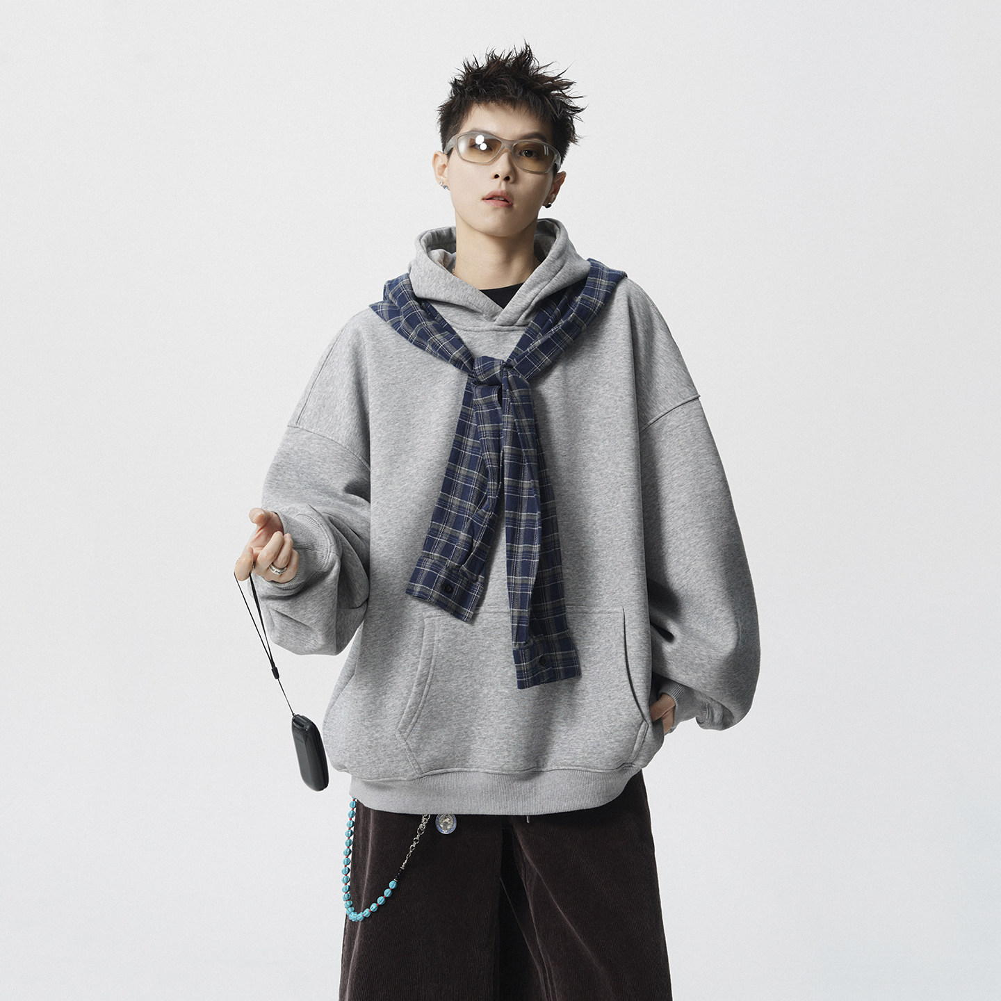 现货1014-WY07-P78-可拆卸格子拼接连帽卫衣男女,男装卫衣,星座1014