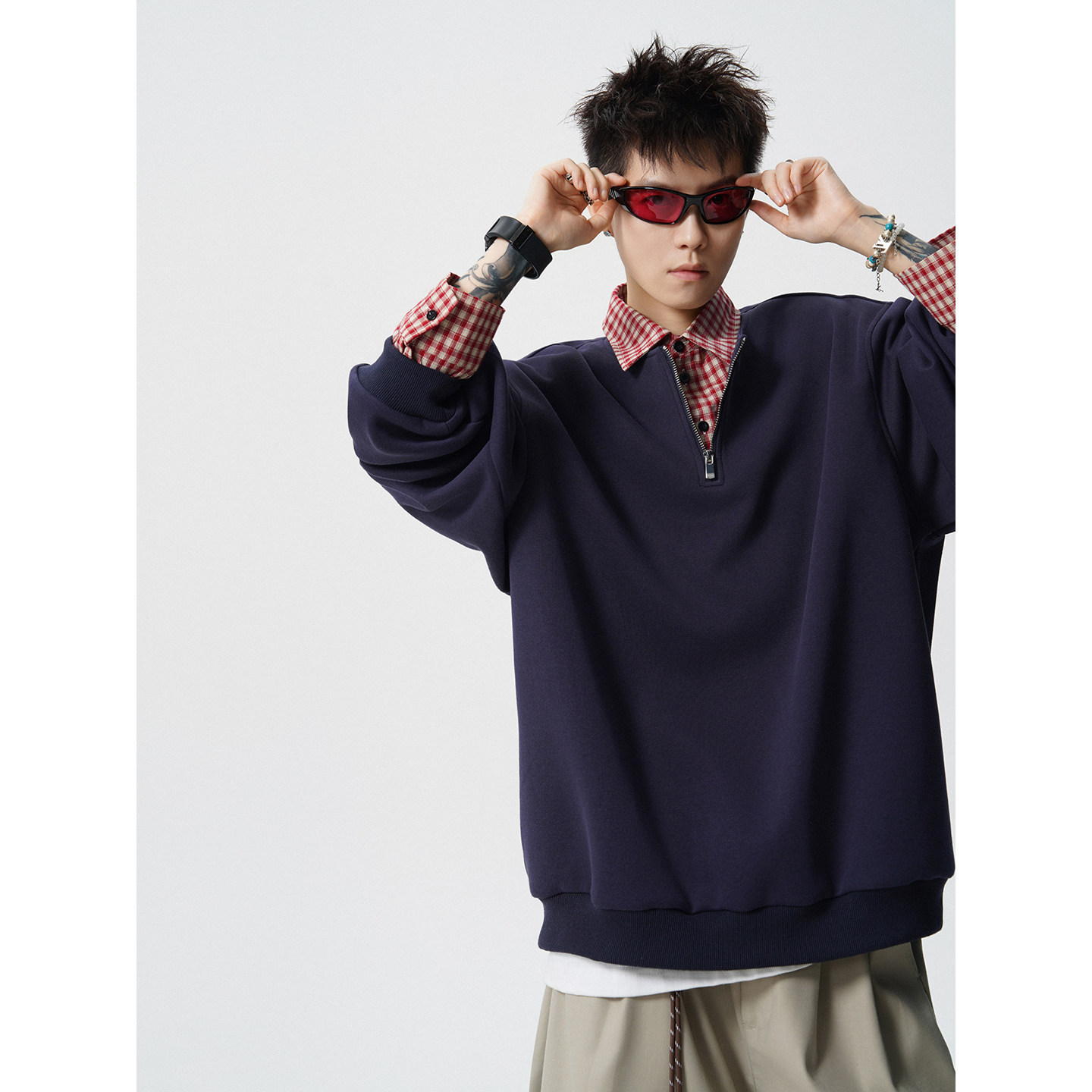 现货1014-WY3708-特P58~美式拉链设计复古格子polo领卫衣男,男装卫衣,星座1014