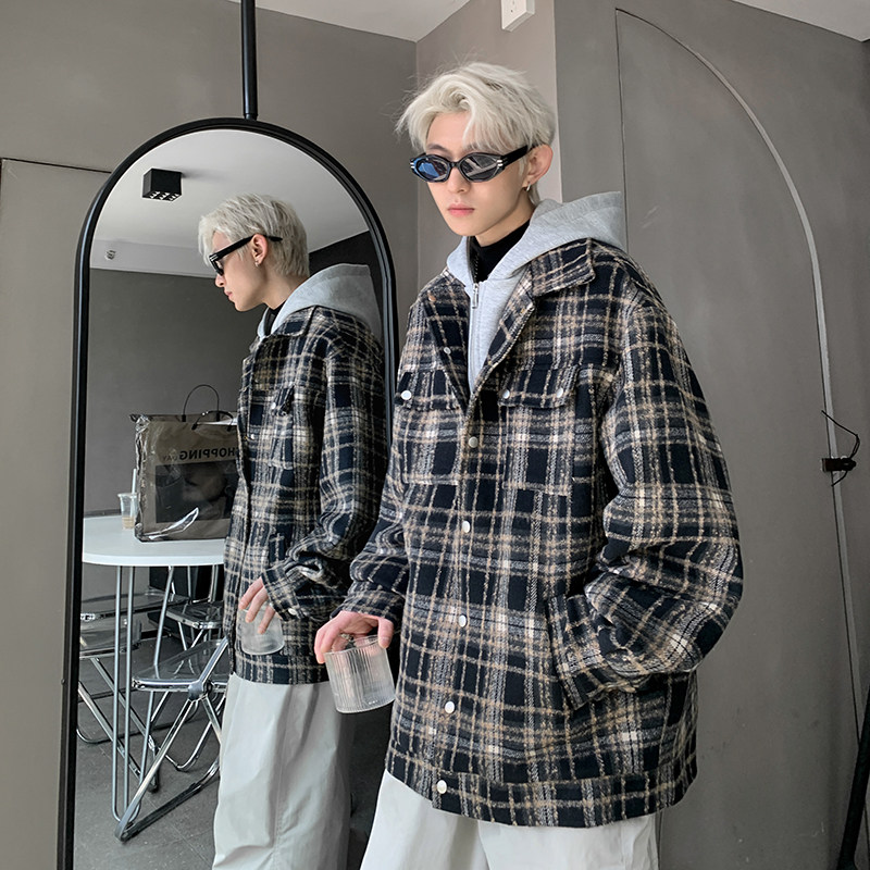 现货1014-WT6201-p118假两件小香风外套男秋款连帽格子毛呢外套图片