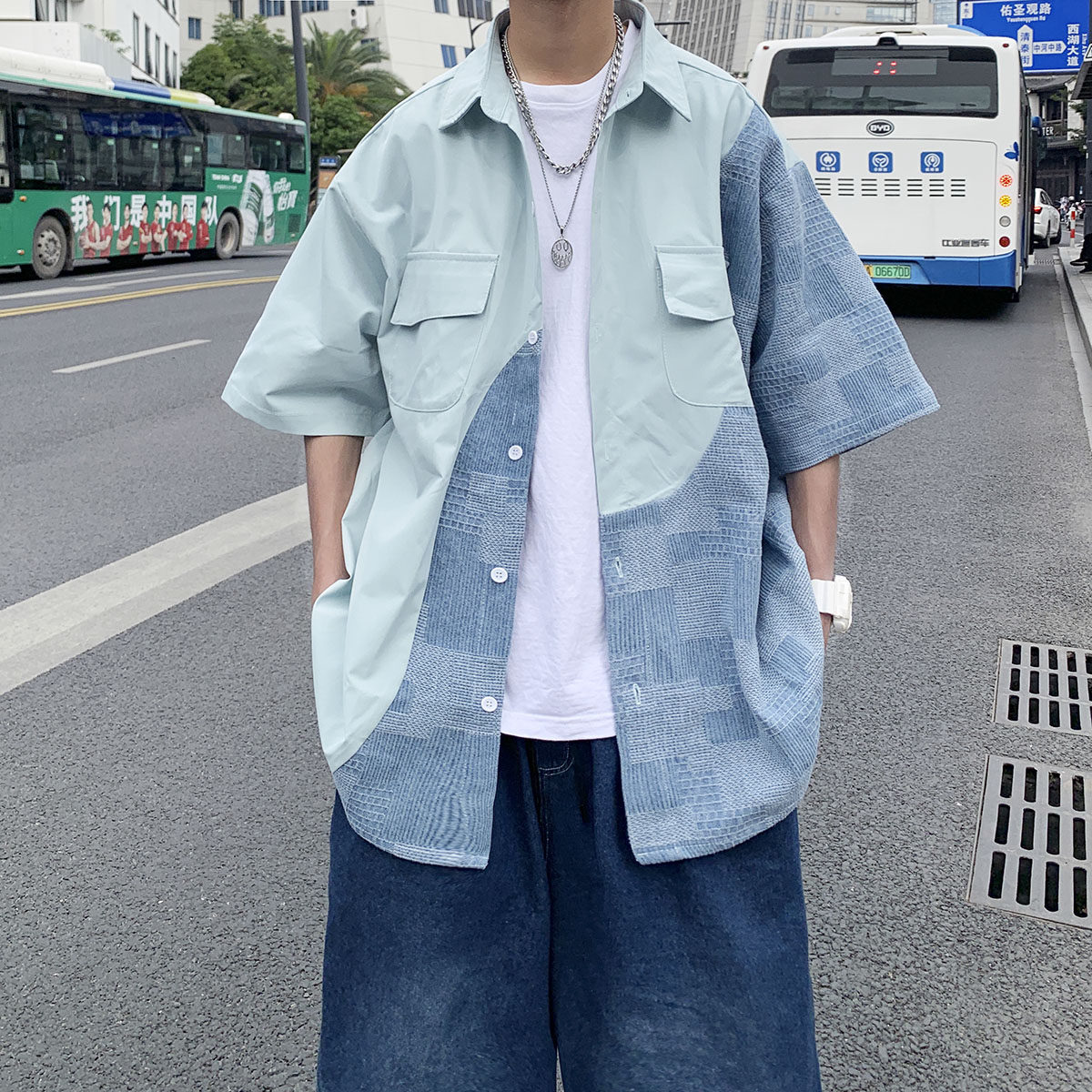 wassuphappy盐系男友风短袖衬衫男款夏季潮流高级感撞色工装外套,男装衬衫,星座1014