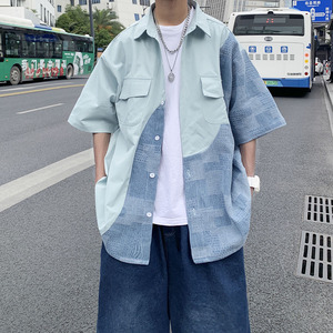 wassup happy盐系男友风短袖衬衫男款夏季潮流高级感撞色工装外套图片