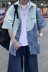 wassup happy盐系男友风短袖衬衫男款夏季潮流高级感撞色工装外套图片