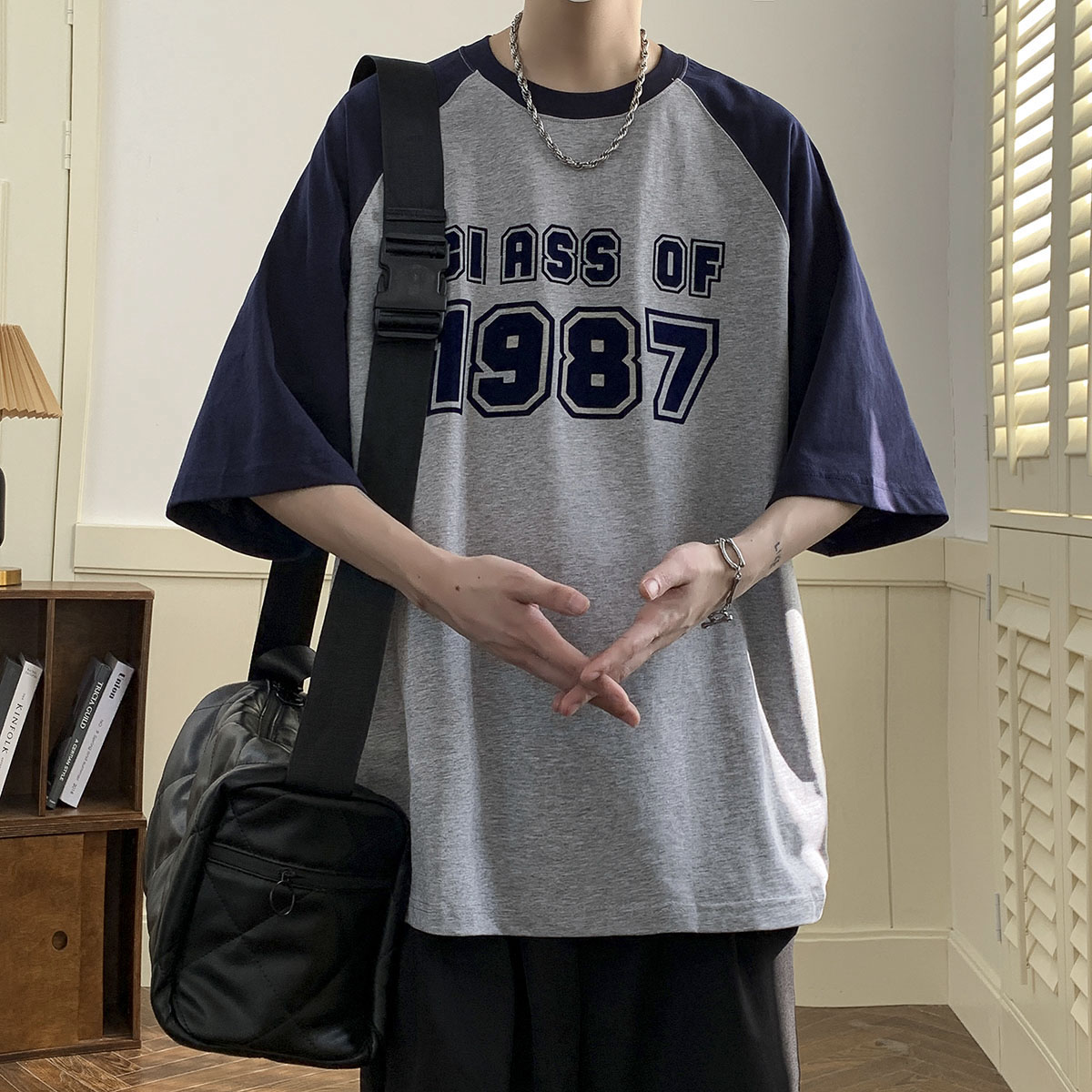 1014-TT253夏装美式复古插肩袖短袖T恤宽松拼接撞色学生男p48限58,男装T恤,星座1014