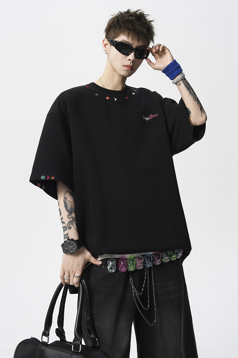 现货1014-T408-P48-重磅刺绣短袖T恤男夏季美式宽松男,男装T恤,星座1014