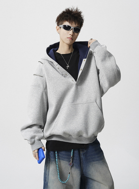 现货1014-WY375特批68美式半开领按扣卫衣男秋撞色拉链连帽衫