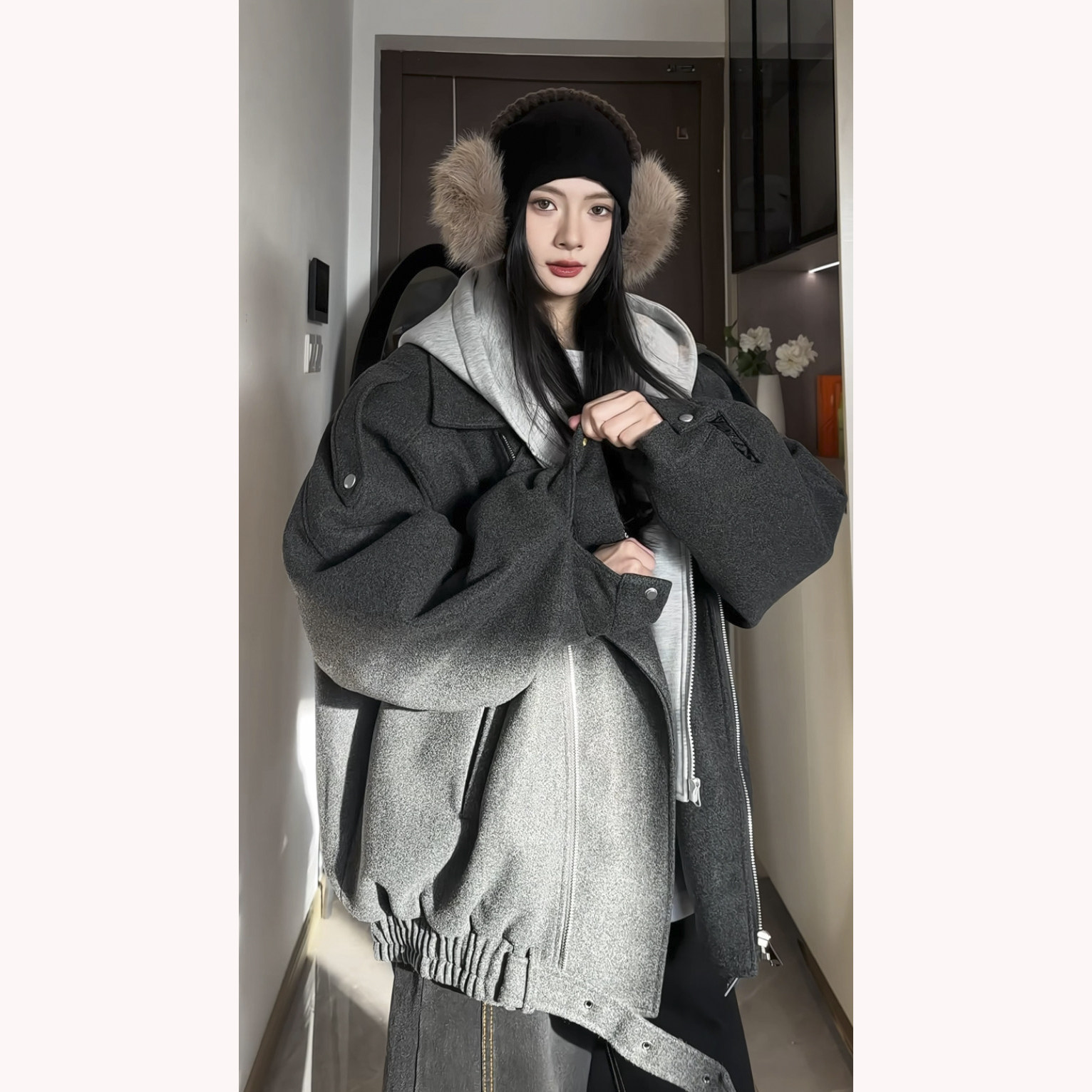 现货大货1014-FY823-P138假两件可拆卸连帽毛呢短款外套，女装短外套，星座1014