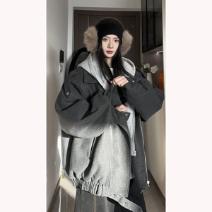 现货大货 1014-FY823-P138假两件可拆卸连帽毛呢短款外套，女装短外套，星座1014