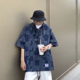 1014-T2168-P55-2023夏季薄款格子牛仔短袖连帽卫衣ins超火cec，男装T恤，星座1014