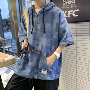 1014-T2168-P55-限68夏季薄款格子牛仔连帽港风t恤图片