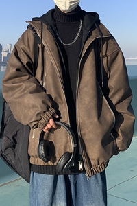 1014-MY7709-假两件连帽PU皮棉服男女冬季2025新款美式复古棉衣图片