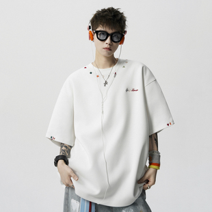 现货1014 阳光干净男生穿搭短袖 T408 夏季 P48彩虹刺绣t恤男款 爆款