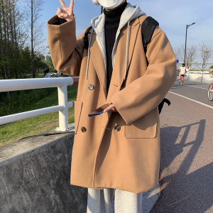 现货1014-FY618-假两件毛呢连帽大衣外套男冬季新款加棉加厚外套图片