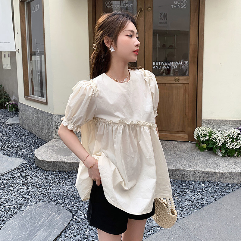 출산 셔츠 여름 느슨한 유행  인형 셔츠 멋쟁이 연령 감소 유행 엄마 반팔 반바지 얇은 투피스 세트