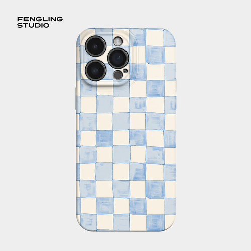 水彩蓝格iPhone16promax苹果14plus小米15新款华为pura70/p60pro简约ins适用opporeno13荣耀300vivos20手机壳
