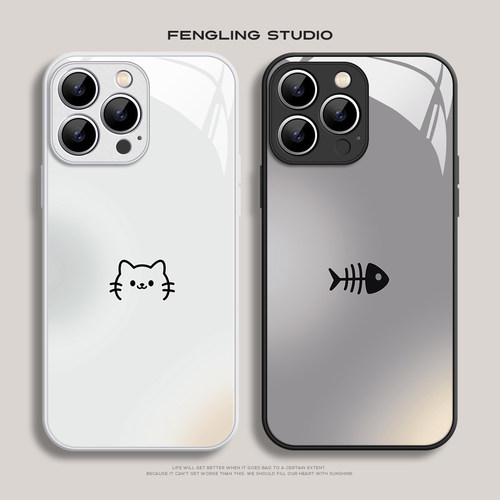 渐变猫猫iPhone17promax苹果16pro小米15华为pura80新款nova14适用vivoX200红米k70玻璃oppofindX8情侣手机壳