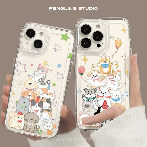 涂鸦小狗iPhone17promax苹果16pro小米15华为mate70可爱pura80透明红米k90适用oppofindX8s情侣vivos50手机壳