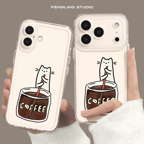 喝咖啡猫咪iPhone17苹果16promax小米15新款华为pura90适用iqooneo11趣味红米k90荣耀winrt透明vivos60手机壳