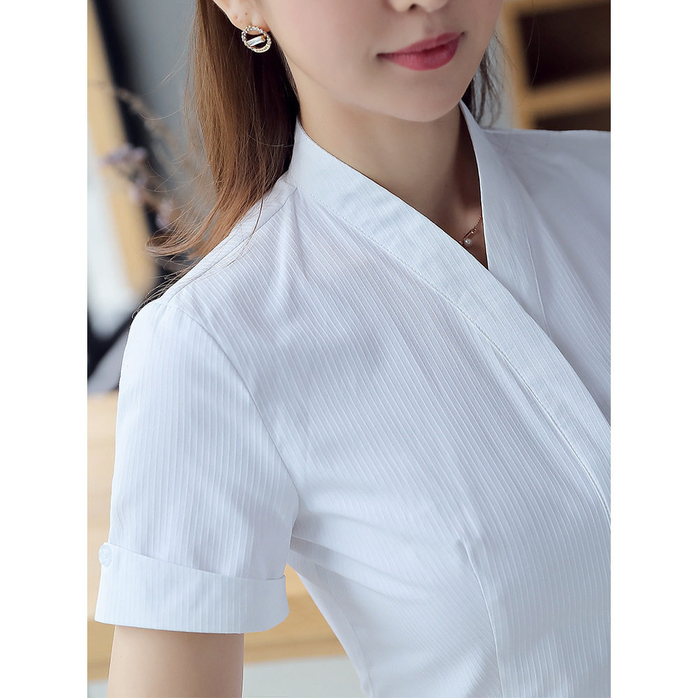 新南航空姐制服职业白衬衫女短袖空乘V领短袖衬衣珠宝店工装夏白