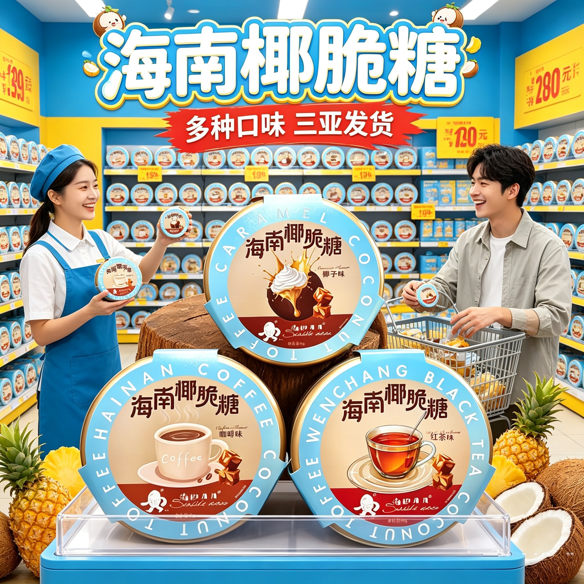 海南特产椰脆糖70g*3盒 海边月月焦糖椰子味红茶味咖啡味伴手礼糖