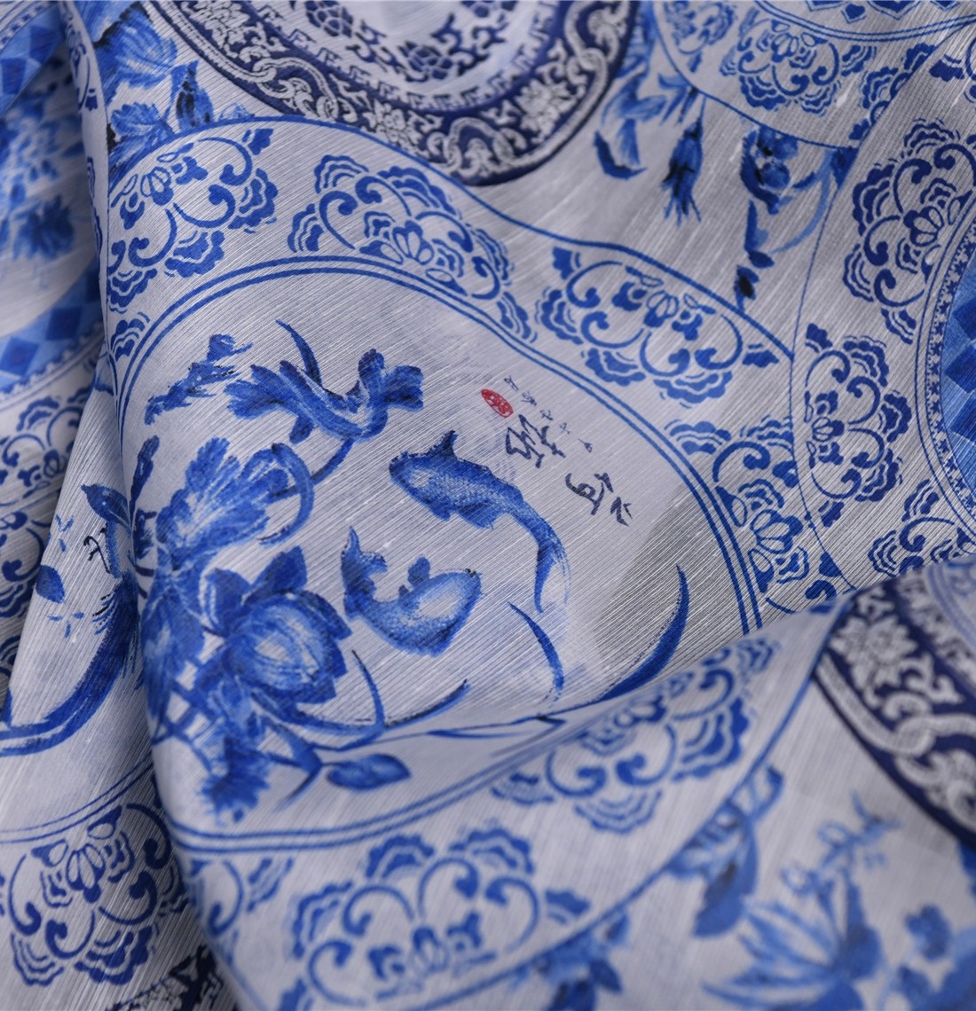 古窑青花瓷 古风画 超美真丝亚麻14姆55丝45亚麻138宽 设计师布料,居家布艺,海绵垫/布料/面料/手工diy,淘宝优惠券,粉丝福利购,淘宝优惠卷