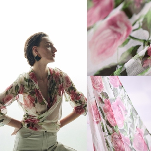 玫瑰揉过的诗行 Fa家轻微瑕浮色 意大利版100%桑蚕丝顺纡乔其纱