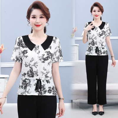 中老年女时尚翻领洋气两件套装