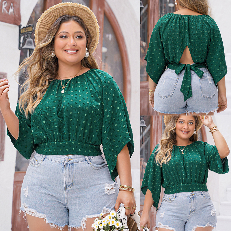 Plus Size Women Short Sleeve Casual Summer Top Drape Waist-封面