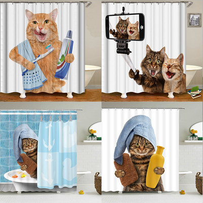 Cute Cat Animal Waterproof Polyester Shower Curtain with Hoo