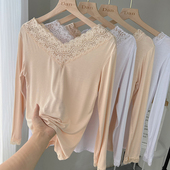 单上衣薄款 打底长袖 贴身保暖内衣 棉毛衫 蕾丝V领莫代尔秋衣女大码