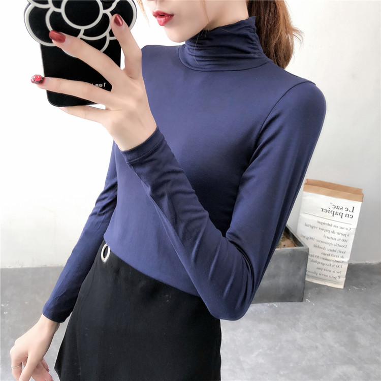 莫代尔高领黑色衫女长袖薄款T恤