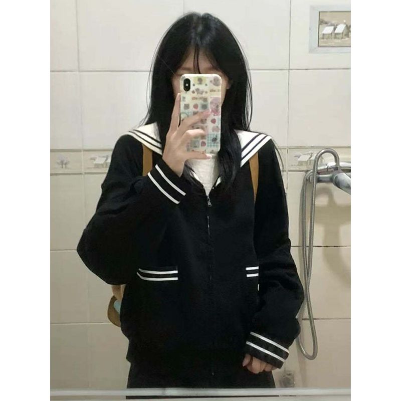 加绒加厚学院风黑色海军领JK制服卫衣女秋冬软妹宽松休闲开衫外套
