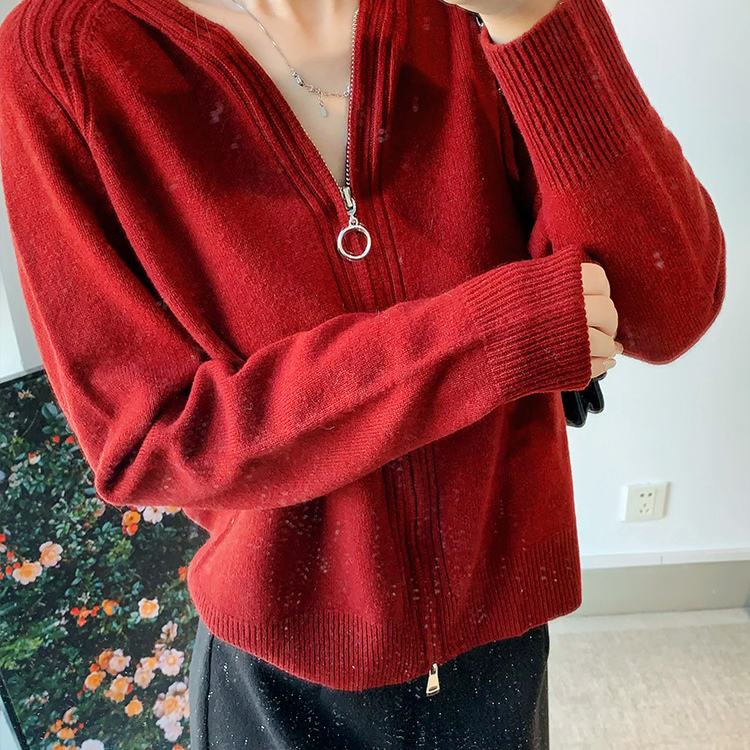 今安 L家轻奢 绵羊毛双拉链连帽上衣宽松长袖针织开衫毛衣外套