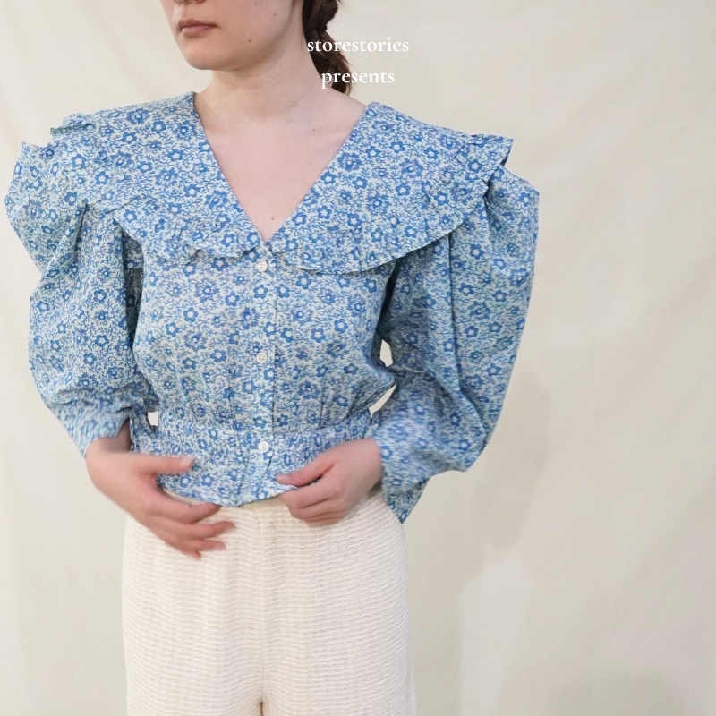 【4折不退换】纽约 Sea New York Ida Blouse Blue 棉 泡泡袖衬衫