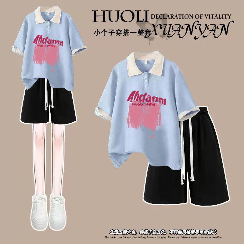 学院风运动套装女夏季学生韩版宽松显瘦polo衫短袖短裤休闲两件套