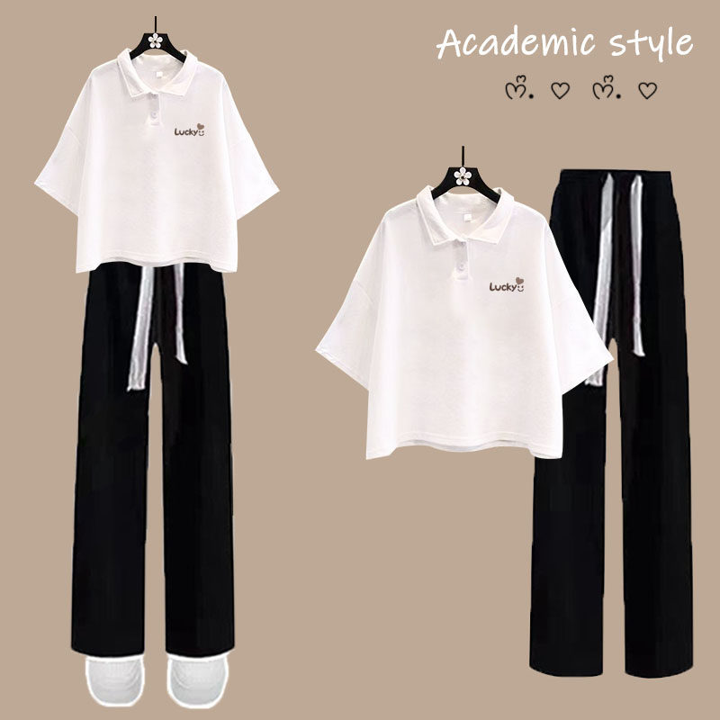 少女短袖t恤2026新款大童夏季polo衫休闲上衣高初中学生短款套装