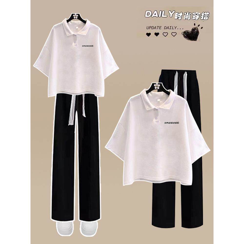 15岁初中学生夏季套装女纯棉短袖T恤Polo衫大童休闲阔腿裤两件套