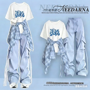 套装 短袖 三件套装 新款 裤 多巴胺穿搭减龄时尚 炸街工装 夏季 T恤衬衫