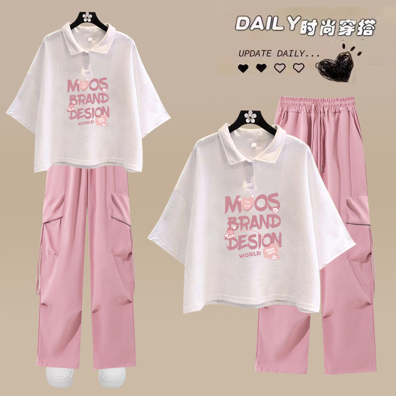 夏装大童少女套装初中学生洋气短袖上衣高腰显瘦工装阔腿裤两件套