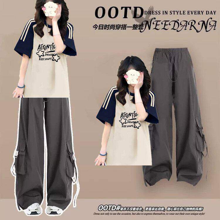 夏日穿搭套装2026新款初中生女大童短袖T恤+工装裤时尚洋气两件套