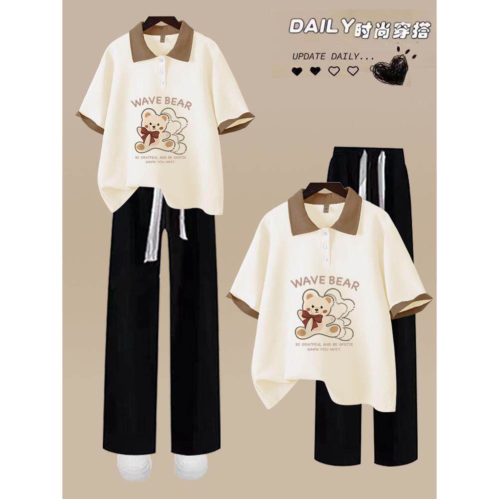 初中生POLO衫短袖t恤女夏季时尚女大童两件套中学生休闲套装女夏