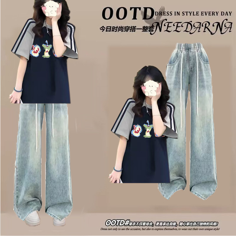 初中生韩系甜酷短袖T恤女学生夏装搭配一整套夏日穿搭牛仔裤套装