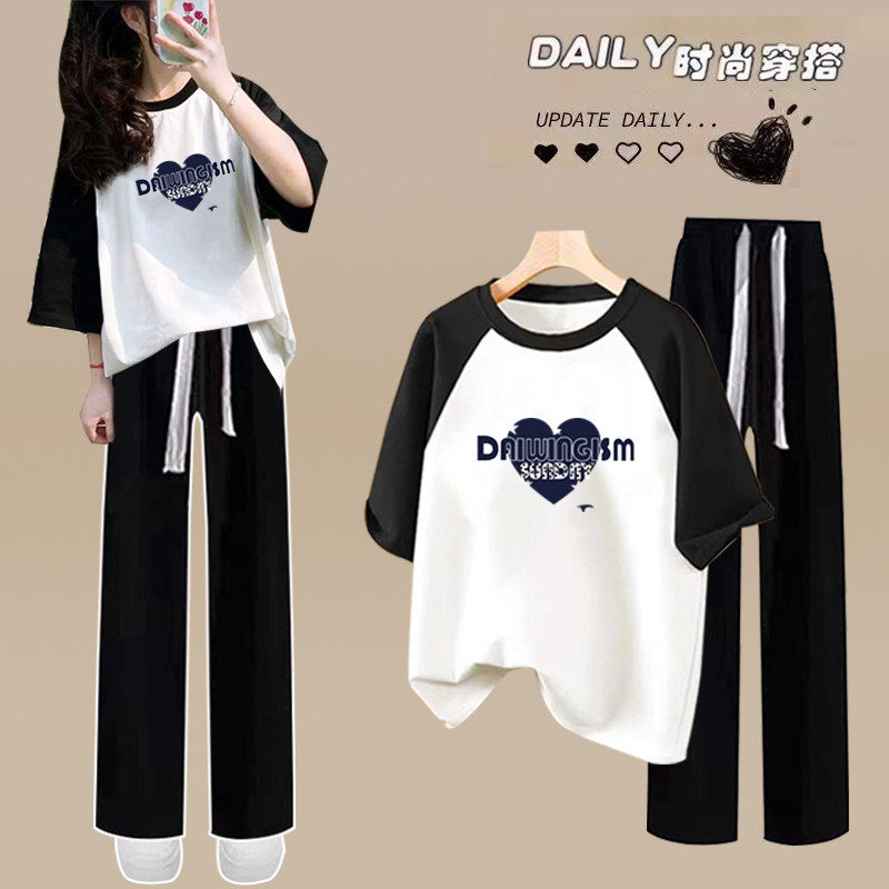 夏季少女15高初中学生16纯棉短袖阔腿裤套装17女孩18岁大童两件套